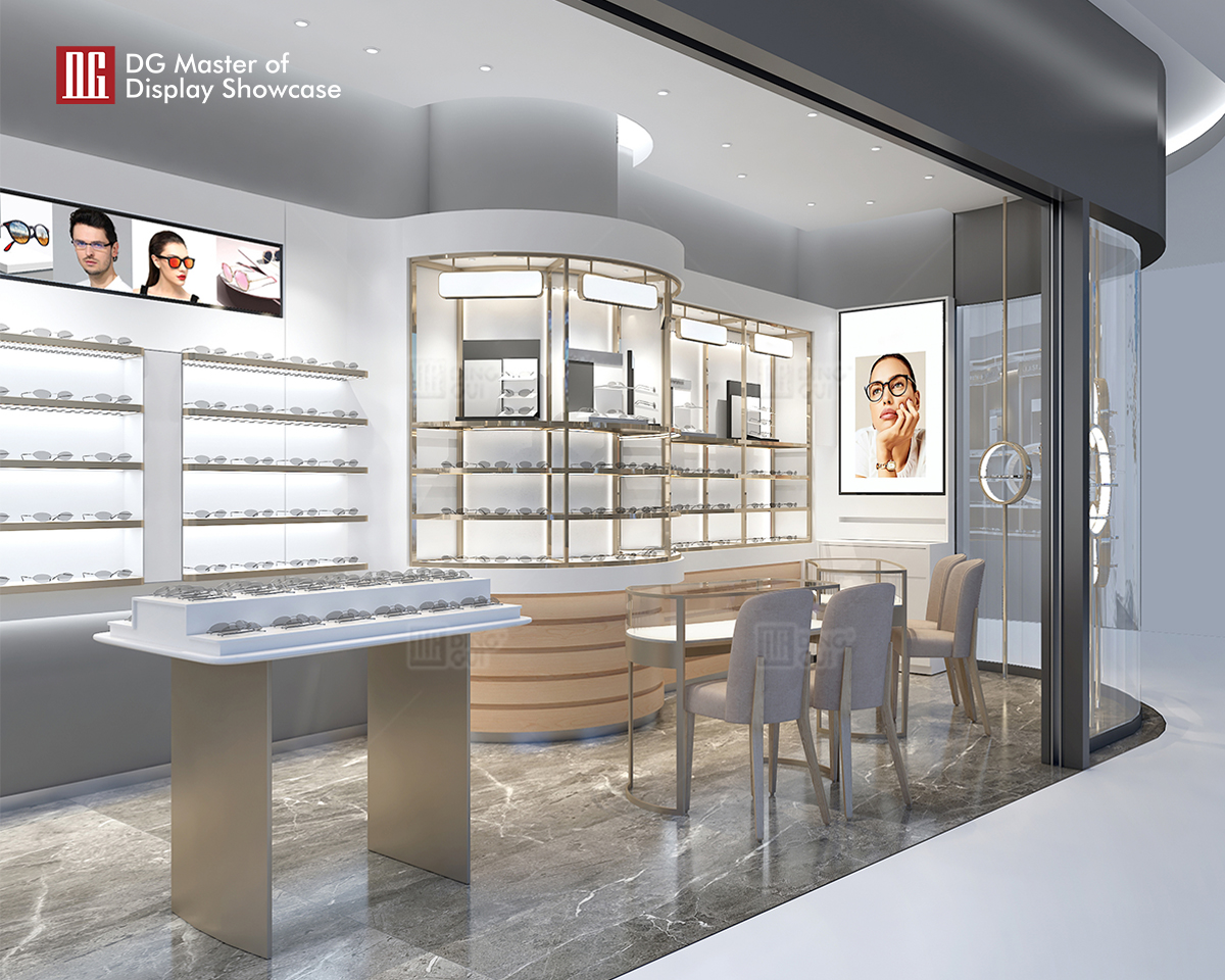 Vitrină DG Vitrină elegantă 3D pentru magazin optic, vitrină de masă, design din sticlă și oțel inoxidabil 10