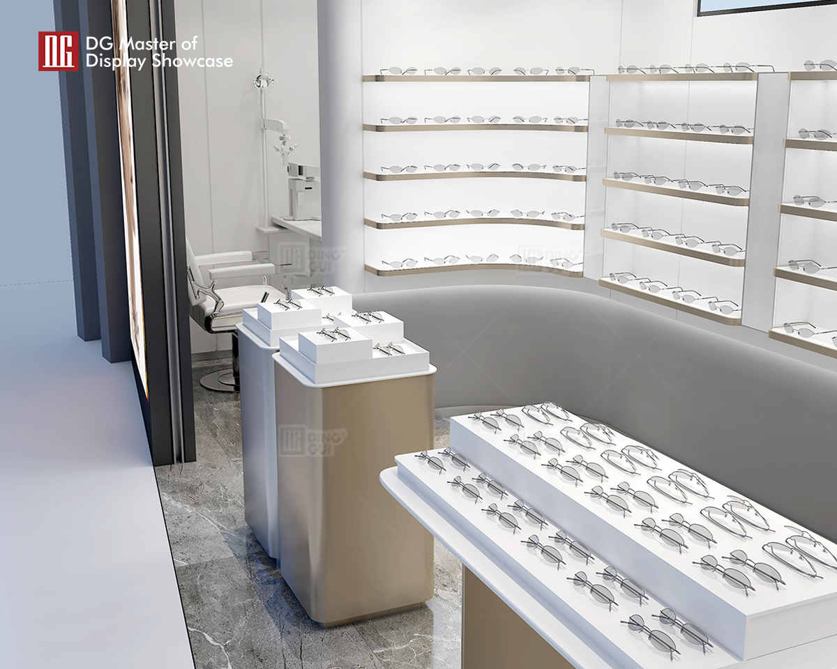 Vitrină DG Vitrină elegantă 3D pentru magazin optic, vitrină de masă, design din sticlă și oțel inoxidabil 9