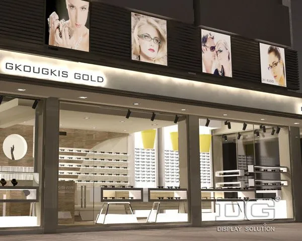 DG Showcase Reka Bentuk Kedai Pameran Optik Kayu Tersuai Cermin Mata Hitam 1