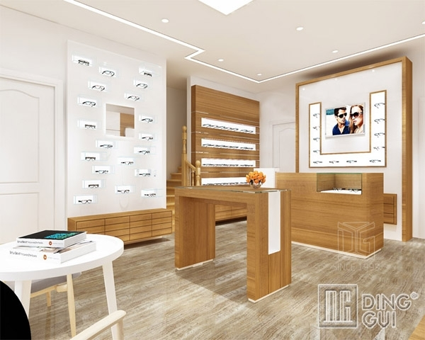 DG Showcase varmt sælgende trædisk display stand butik design til solbriller indkøbscenter 1