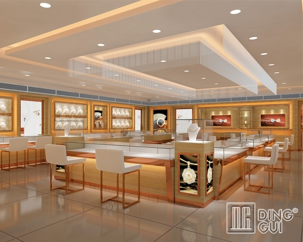 DG Showcase Professional မှ ထုတ်လုပ်သော လက်ဝတ်ရတနာ အရောင်းပြခန်း ဒီဇိုင်းသည် ခေတ်မီသစ်သားနံရံ 1