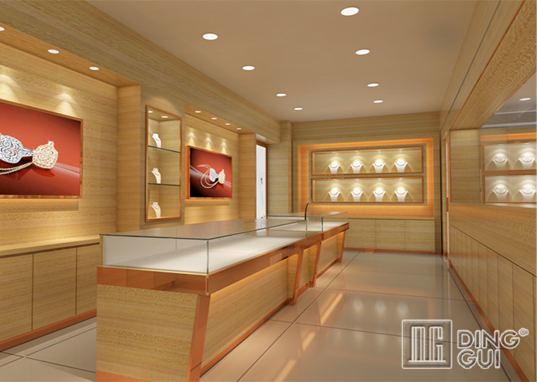 DG Showcase Professional မှ ထုတ်လုပ်သော လက်ဝတ်ရတနာ အရောင်းပြခန်း ဒီဇိုင်းသည် ခေတ်မီသစ်သားနံရံ 5