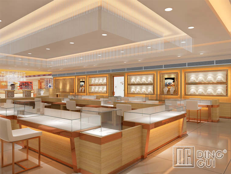 DG Showcase Professional မှ ထုတ်လုပ်သော လက်ဝတ်ရတနာ အရောင်းပြခန်း ဒီဇိုင်းသည် ခေတ်မီသစ်သားနံရံ 6