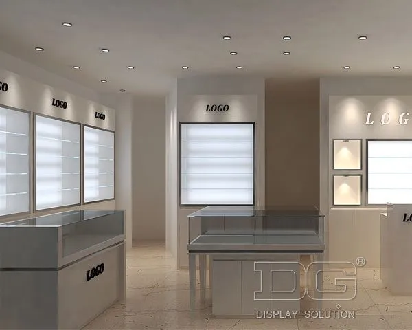 DG Showcase Κομψή Λευκή Ξύλινη Βιτρίνα Οπτικών Γυαλιών Ηλίου Σχεδιασμός Καταστήματος 1