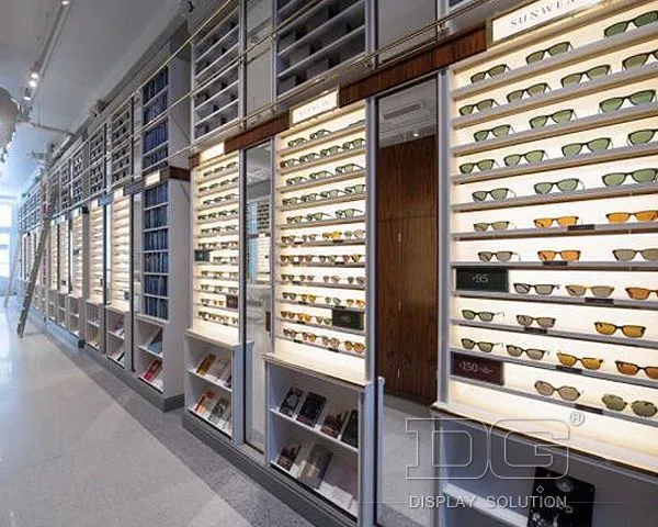 DG Showcase Ξύλινη βιτρίνα οπτικών καταστημάτων μόδας, βιτρίνα γυαλιών 1