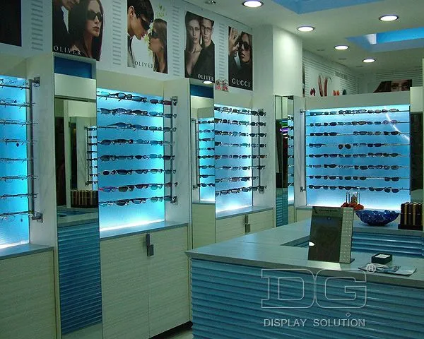 DG Showcase Υψηλής Ποιότητας Ξύλινες Προθήκες Γυαλιών με Μπλε Φωτισμό, Οπτική Βιτρίνα 1