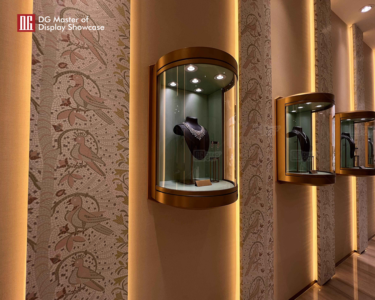 Βιτρίνα DG Υψηλής ποιότητας χρυσό βουρτσισμένο ημικύκλιο κοσμημάτων ρολογιών κρεμαστό ντουλάπι τοίχου 9