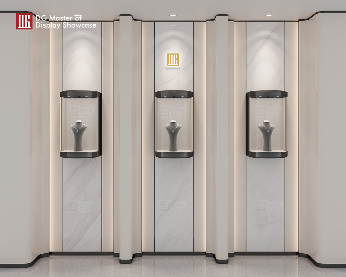 Βιτρίνα DG Υψηλής ποιότητας χρυσό βουρτσισμένο ημικύκλιο κοσμημάτων ρολογιών κρεμαστό ντουλάπι τοίχου 10