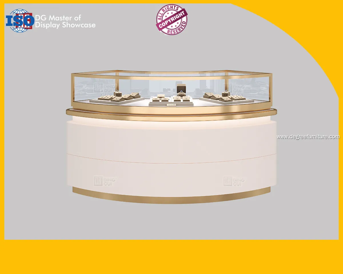 Curved Jewelry Display Showcase: Elegant White & Gold 1