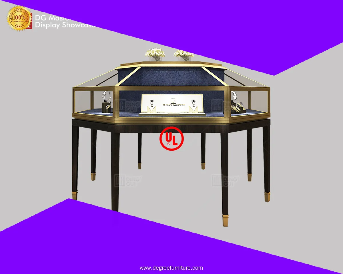 DG Octagonal Island Display Showcase: Luxurious, Evenly Lit, Velvet Interior, Stainless Steel Body, Brass Exterior, Embedded LED Strips. 1