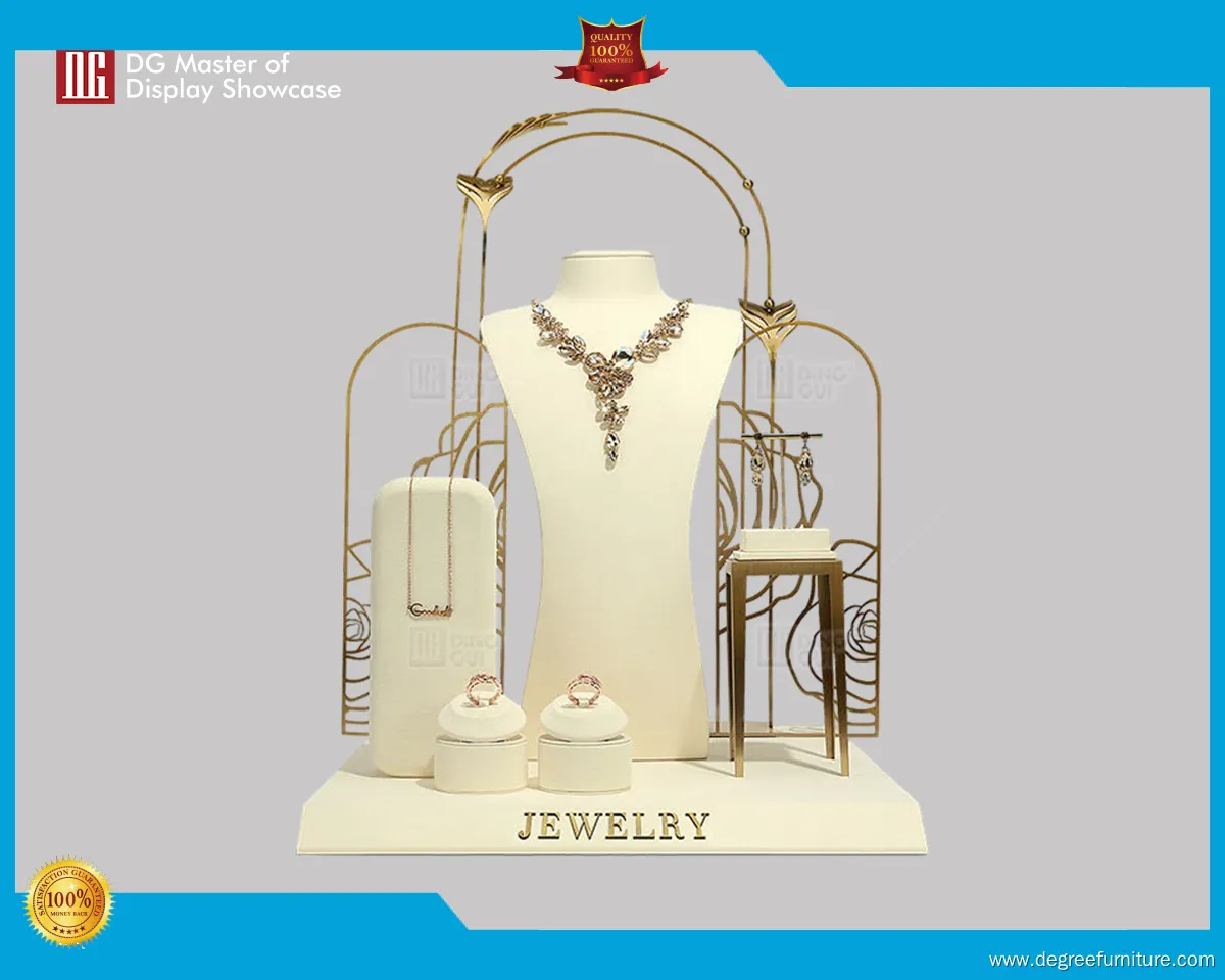 Elegant White Leather Jewelry Prop with Golden Accents 1