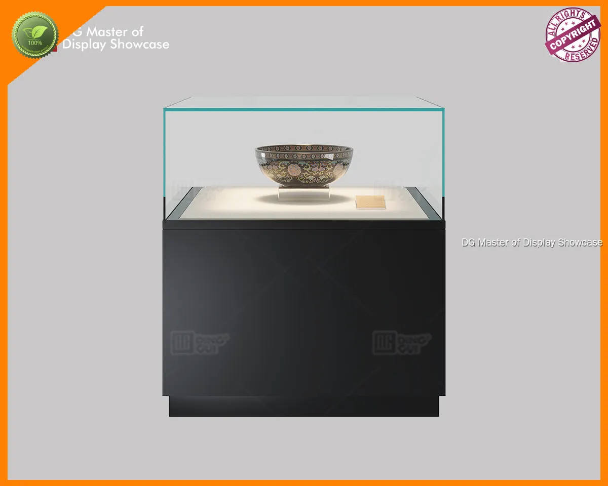 High-End Square Island Museum Showcase - Black Steel & White Glass 1