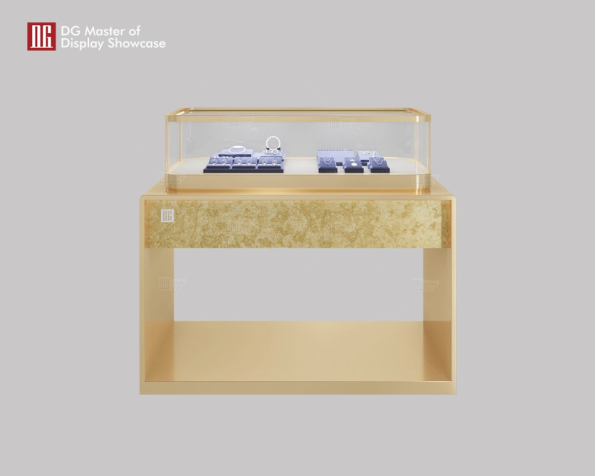 DG အသစ်သည် ဇိမ်ခံ Brushed Champagne Gold လက်ဝတ်ရတနာနှင့် နာရီ Display Showcase 1