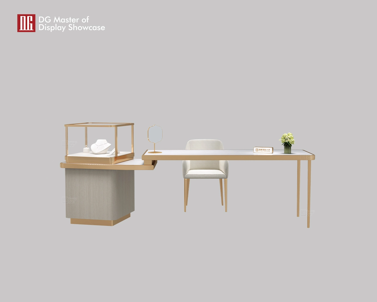 أحدث خزانة عرض مجوهرات فاخرة من الفولاذ المقاوم للصدأ بلون ذهبي شامباني مصقول من دي جي 1