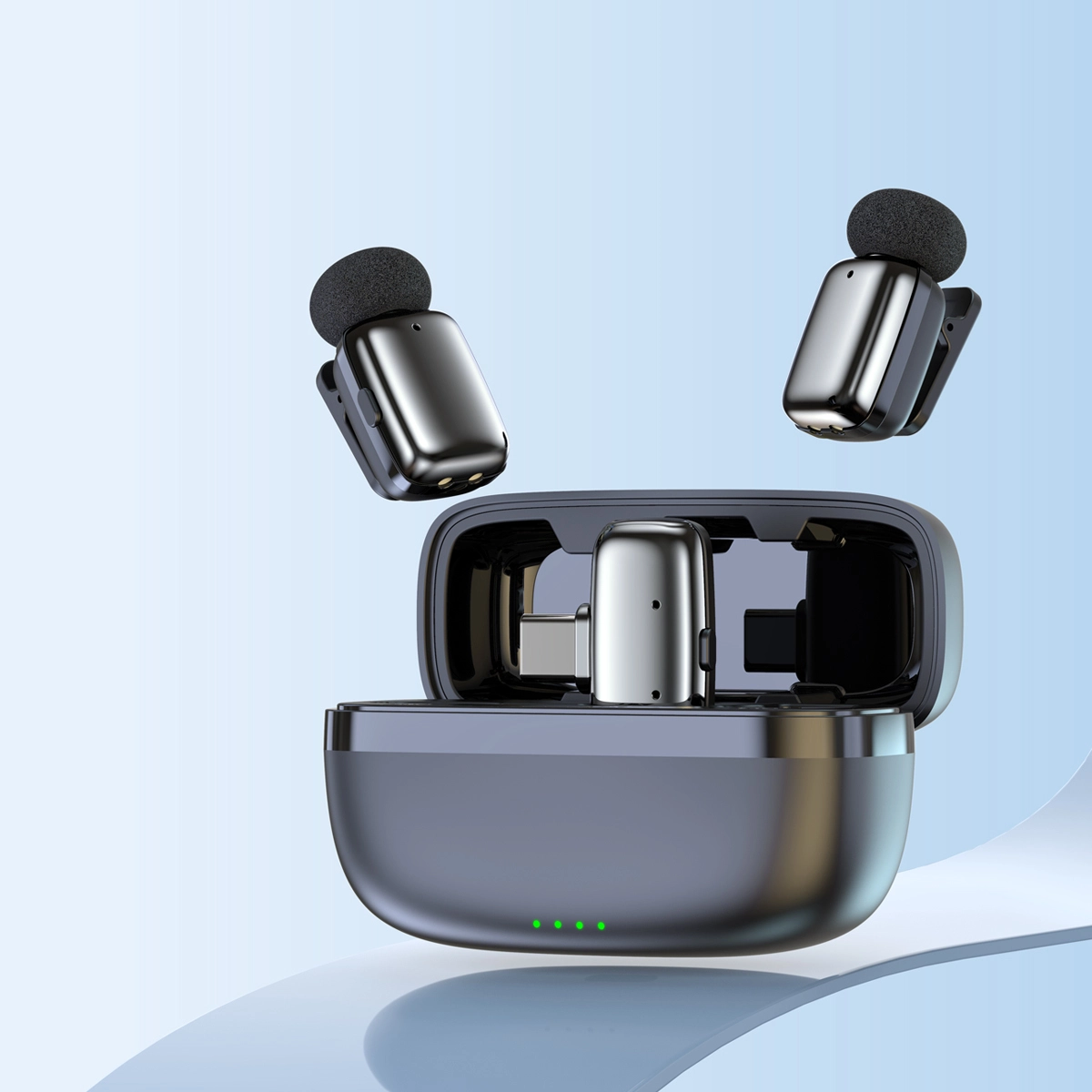 SyncMic Mini8 charging case and all components laid out