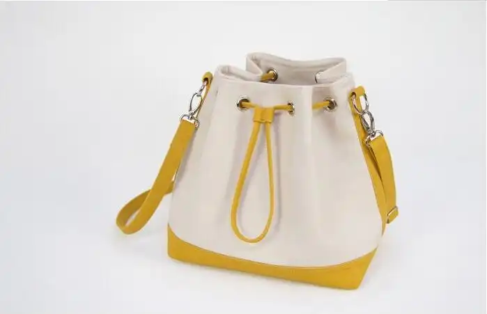 White Canvas Standard Cotton Bucket Bag Shoulder Canvas Bag With Leather Trim 1