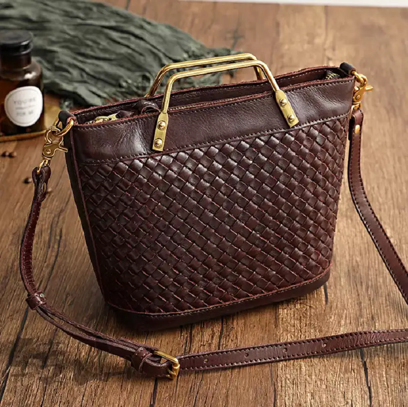 Women's Handmade Woven Top handle Tote Bag Leather Shoulder Handbag Casual Satchel 1