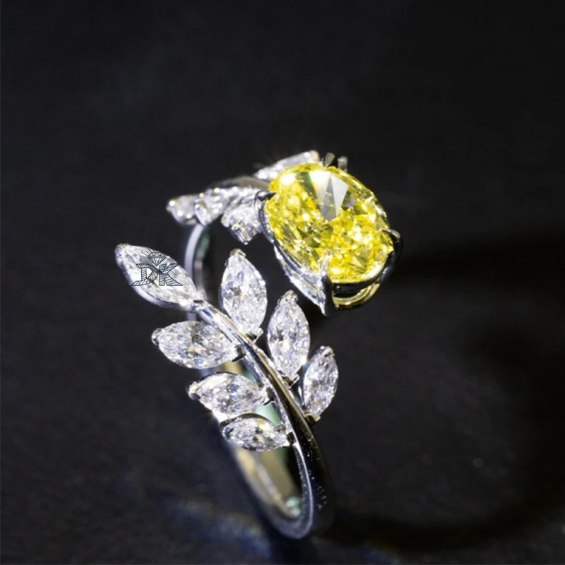 2.048CT Oval Cut Lab Grown Fancy Yellow Diamond 18K Ring Leaf - Vine Design 1
