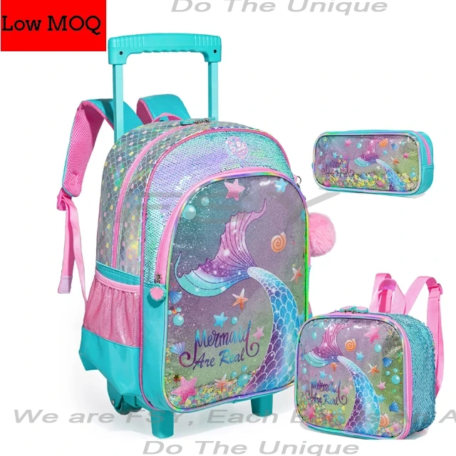 Low Moq Girl Mermaid Pull Rod Backpack Sets Children's Travel Suitcase With Lunch Box Suitable For Students 1