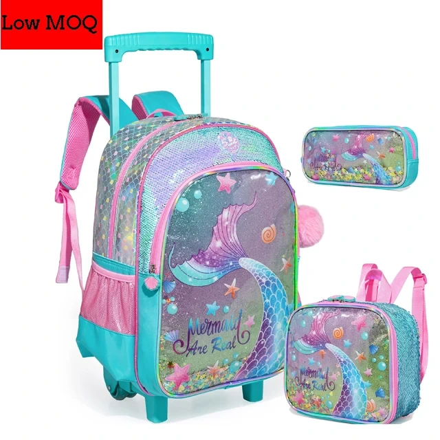Low Moq Girl Mermaid Pull Rod Backpack Sets Children's Travel Suitcase With Lunch Box Suitable For Students 1