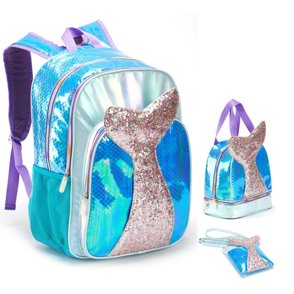 Fsy 3d Blue Cartoon Fish Tail Backpack 3 Pieces With Crossbody Lunch Bags Children Student School Backpack 3 In 1 Sets Custom 1