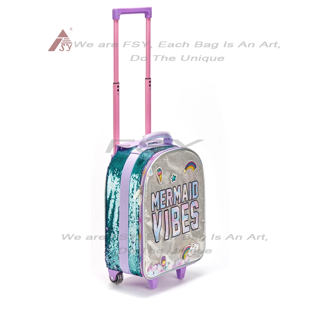 Girls Adjust Sequin Wheels Bags For Primary School Trolley Bag Kids Student Polyester Cartoon Unisex 16 Rolling Backpack 1