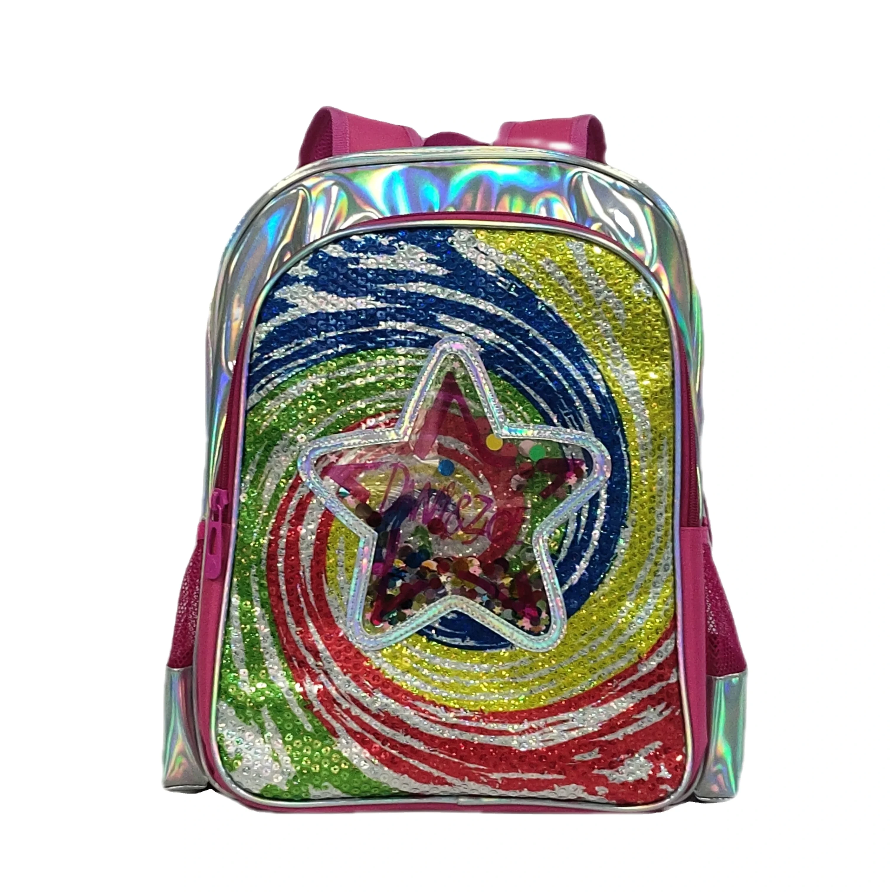 Fsy New Design Laser Leather Backpack Girl Princess School Bag Bookbags Rainbow Colorful Sparkling Sequin Satr Backpack Children 1