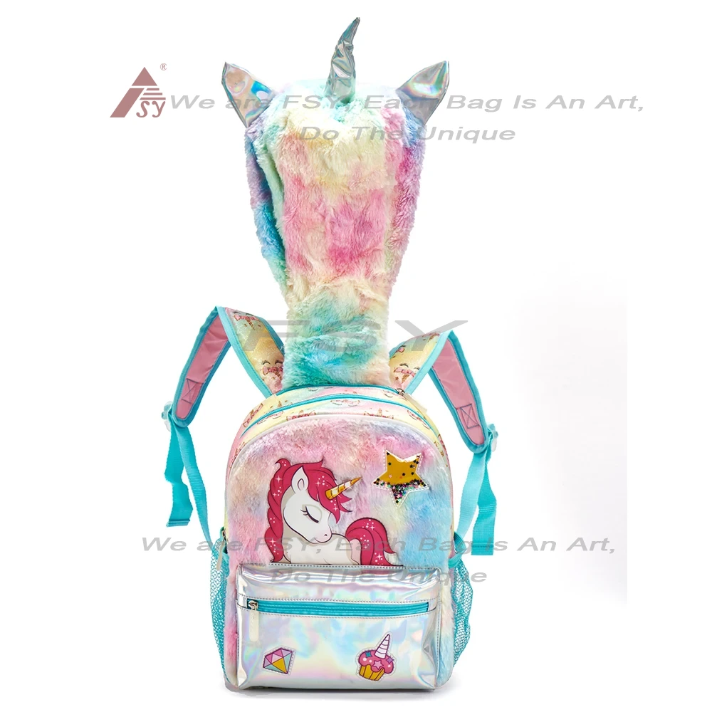 Plush Cartoon Unicorn Kids Backpack With One-piece Hat bag factory Mini Student Primary School Backpacks Sequins Book Bag For Girls 1
