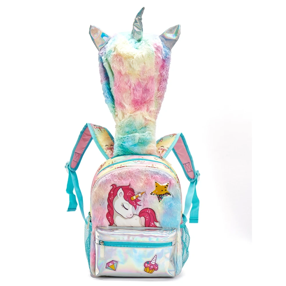 Plush Cartoon Unicorn Kids Backpack With One-piece Hat bag factory Mini Student Primary School Backpacks Sequins Book Bag For Girls 1