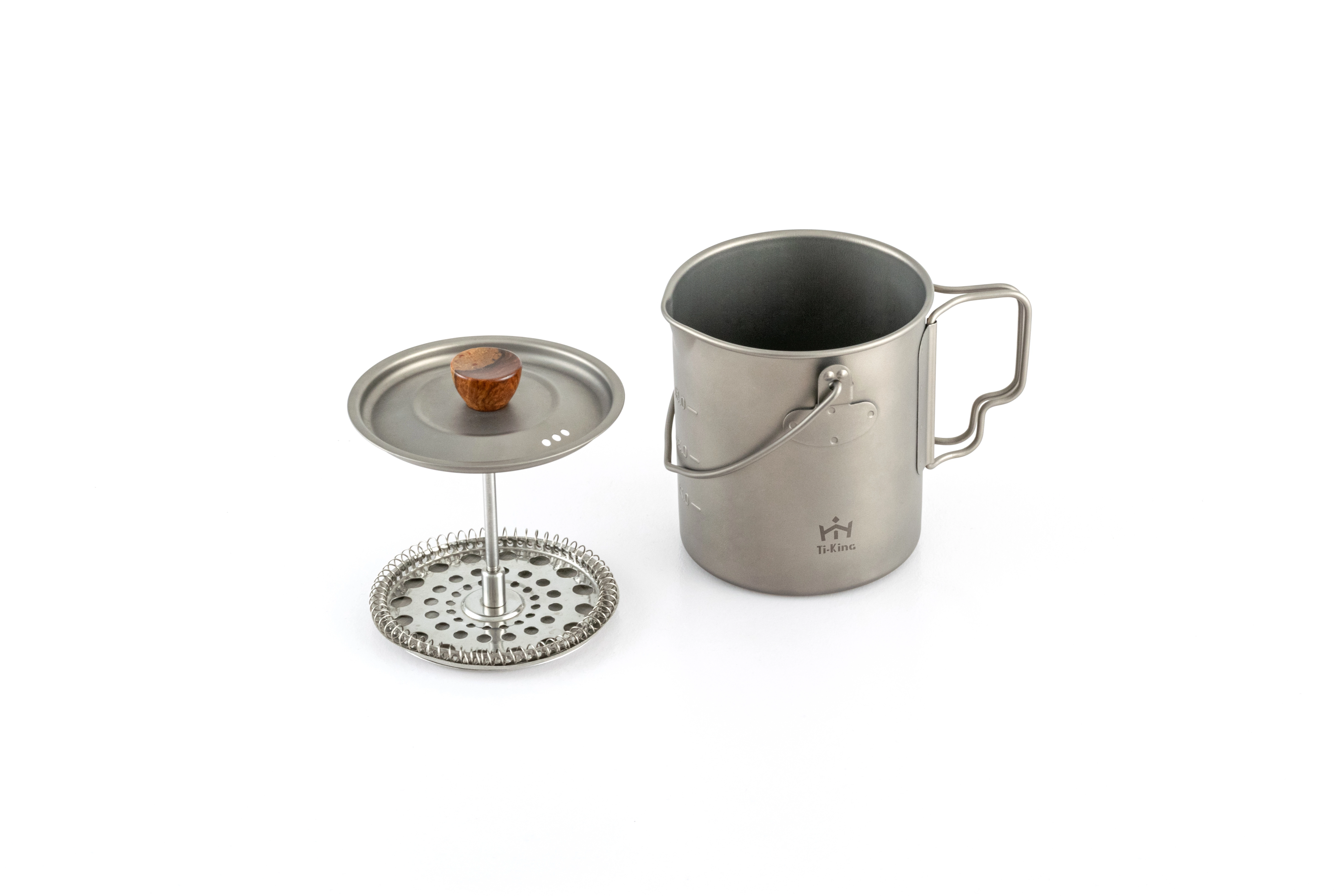 Titanium camping single-walled cooking cup with french coffee press device 1