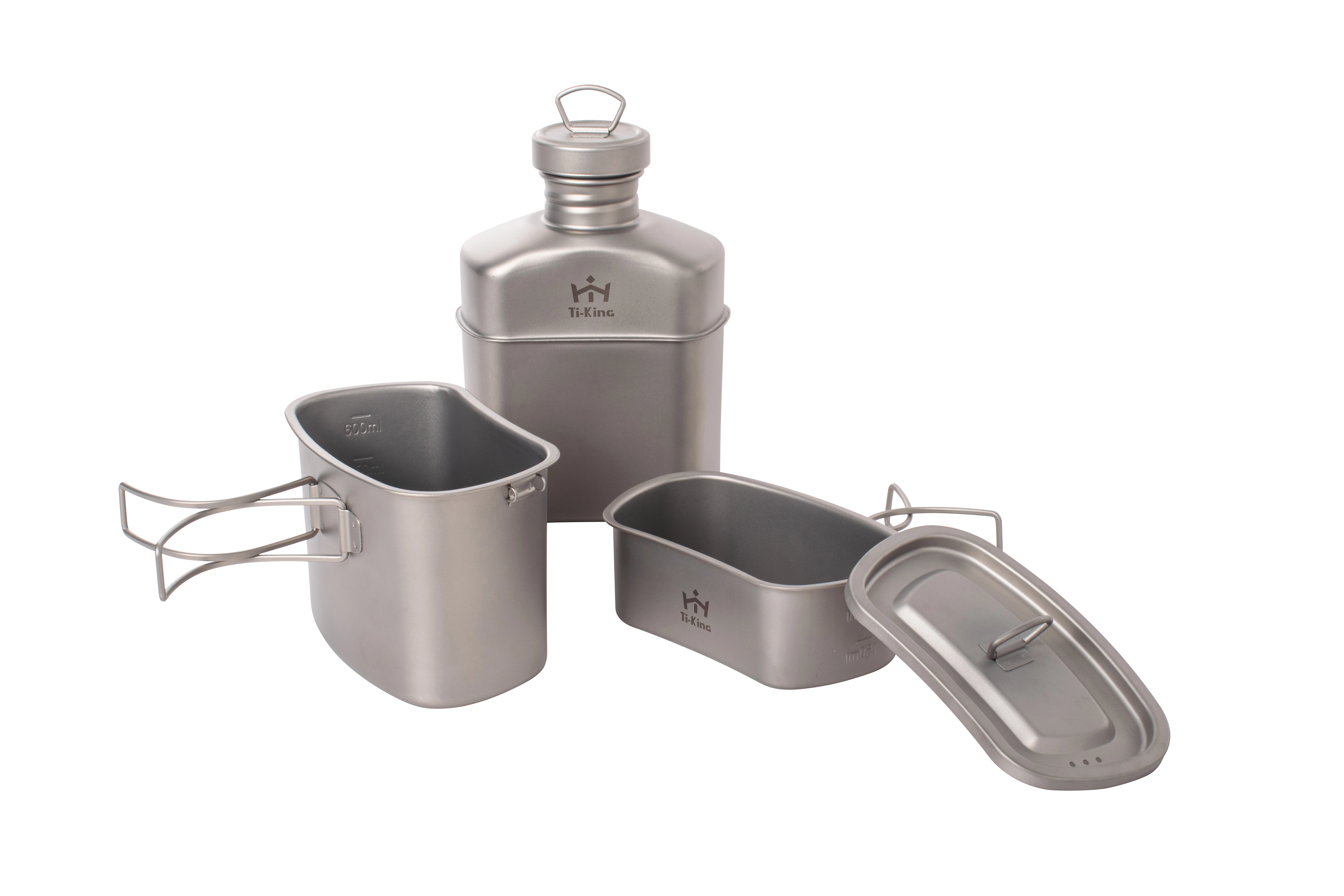 Titanium camping & military swing-out folding handle mess kit with canteen (750ml lunch box& 400ml cup& 1000ml canteen) 1