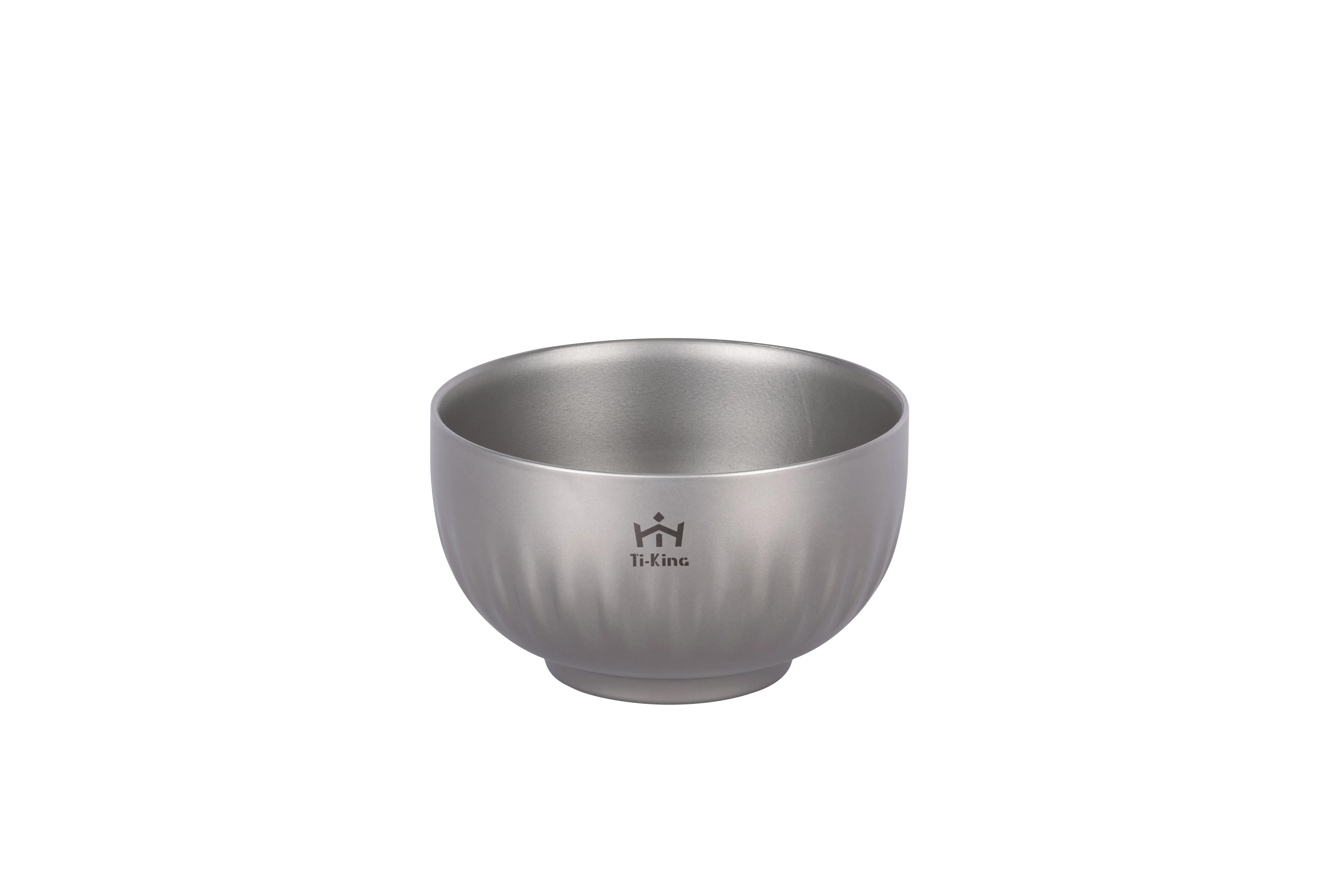 Close-up of Ti-KING 350ml small titanium bowl showing the sophisticated striped texture and matte metallic finish