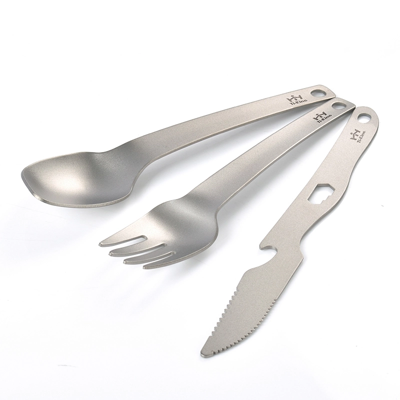 Titanium sand-blasting 3 pieces cutlery utensil set multifunctional knife & fork & spoon for outdoor 1