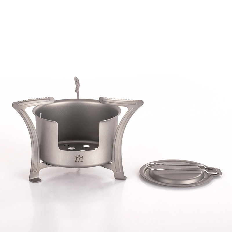 Titanium wood stove with folding pot supports and fire - containing lid, convenient open flame device 1