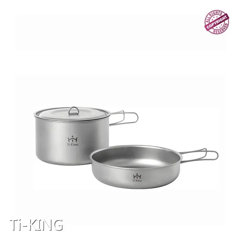 Ti-Line OEM ultralight titanium camping cookware set featuring a 2-piece combo of a deep cooking pot with lid and a shallow frying pan