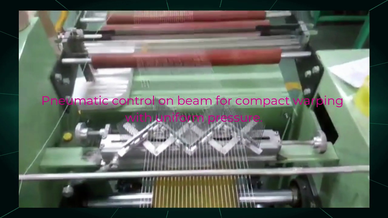 Double Beams Rubber Machine.Suitable for different kind of latex, .spandex and rubber covered yarn.Pneumatic control on beam for compact warping .with uniform pressure.Rubber feeding device to control feeding tension smoothly.Can customized cone creel with horizontal type and vertical type.