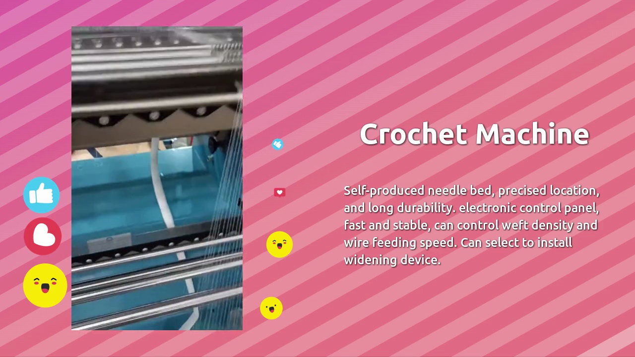 Crochet Machine.Self-produced needle bed, precised location, .and long durability. electronic control panel, .fast and stable, can control weft density and .wire feeding speed. Can select to install .widening device.