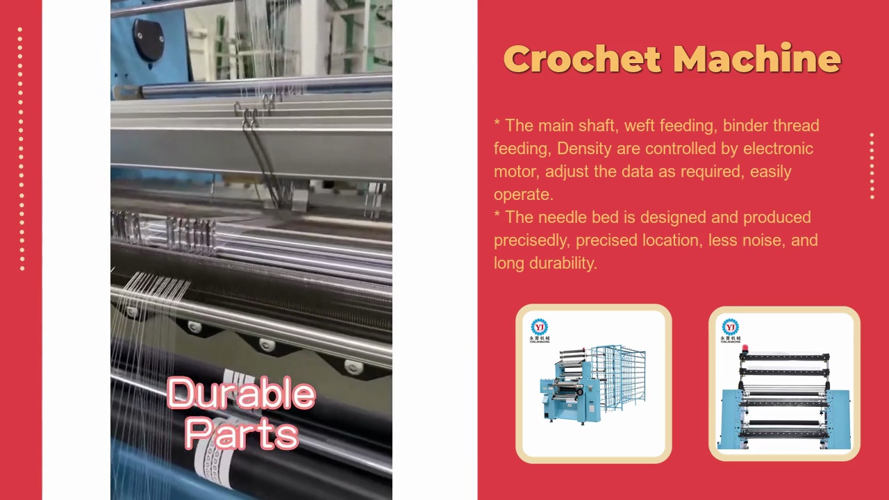 * The main shaft, weft feeding, binder thread .feeding, Density are controlled by electronic .motor, adjust the data as required, easily .operate. .* The needle bed is designed and produced .precisedly, precised location, less noise, and .long durability.Crochet Machine.