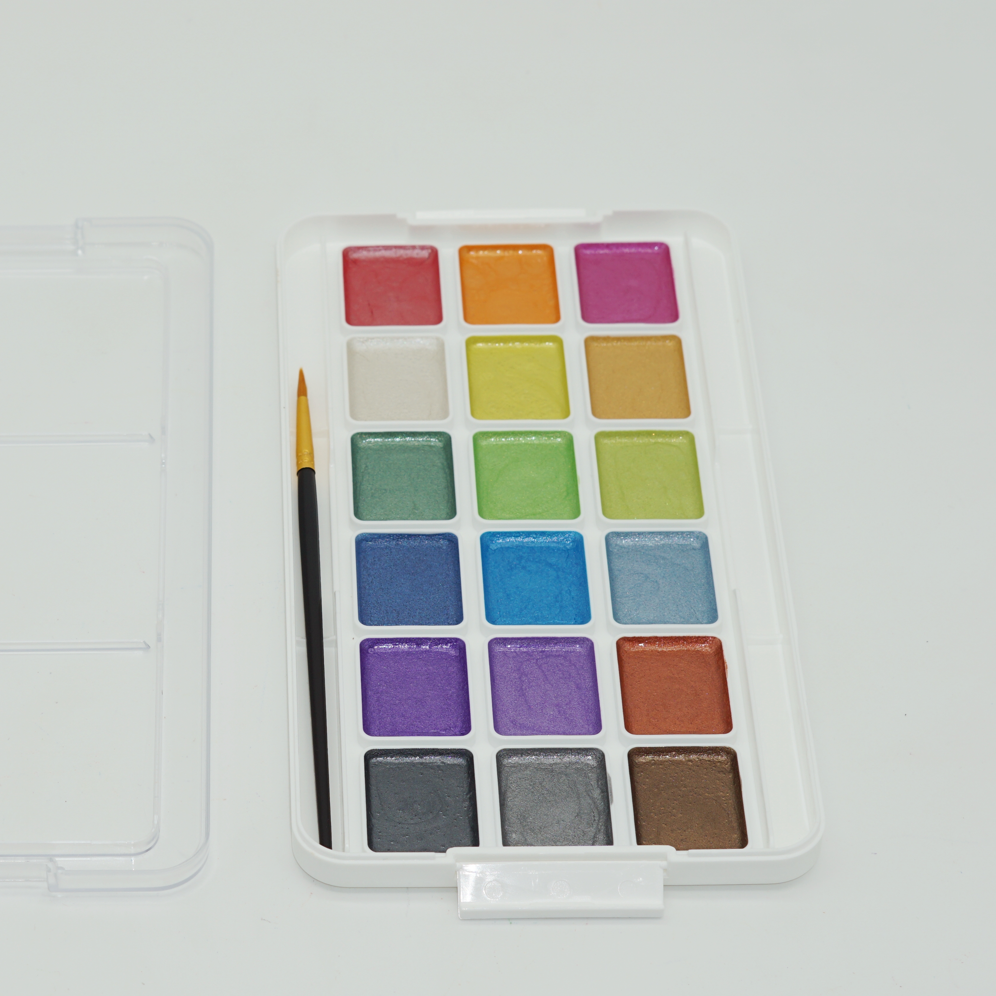 High-quality Wholesale and Custom Metallic Glitter 18 Colors Semi-moist Watercolor Paint Set with Paintbrush 4