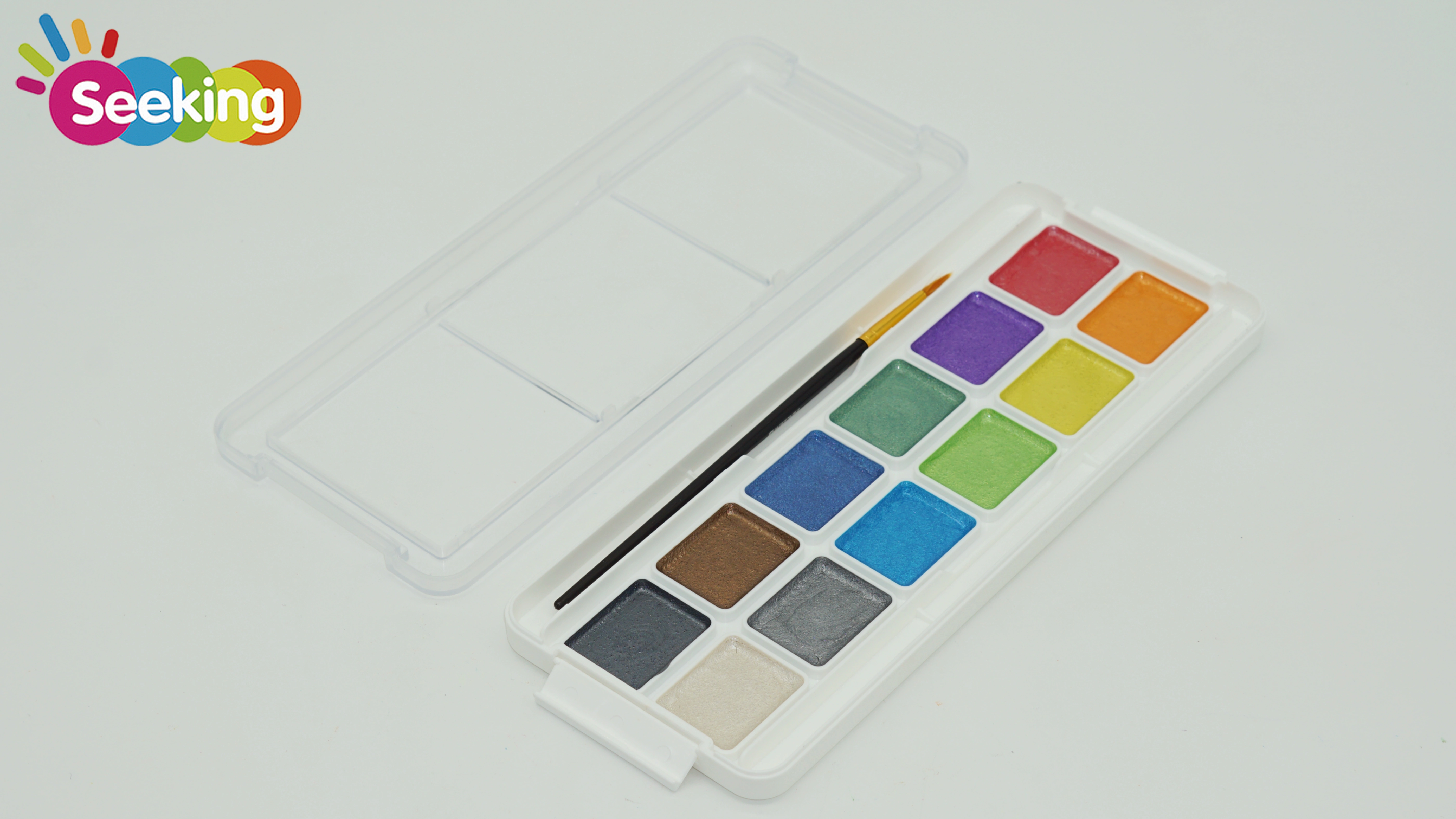 Caja de acuarela semihúmeda de 12 colores con purpurina metálica personalizada y de alta calidad, con pincel incluido. 1