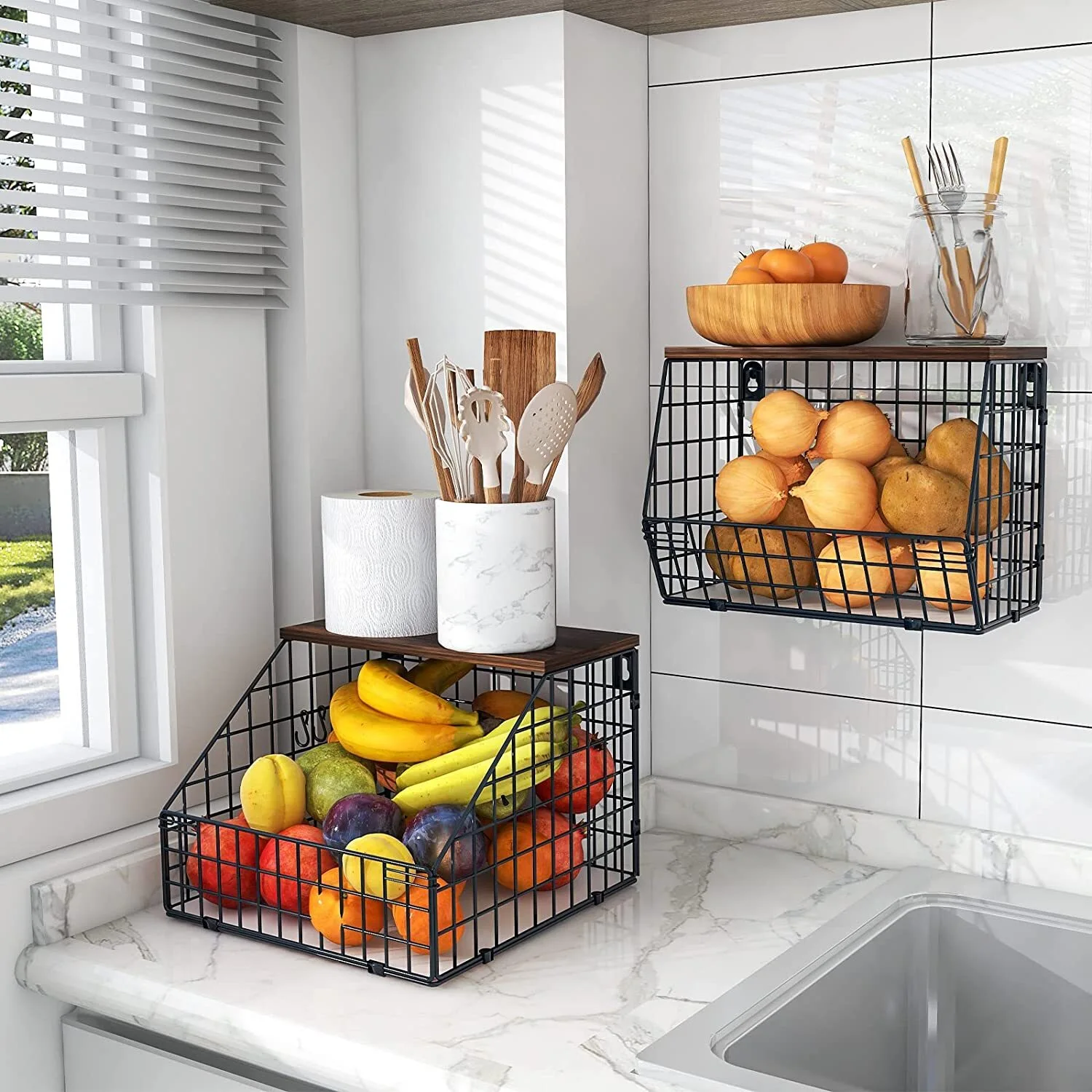 2-Tier Stackable Wall Basket - Wood Lid Vegetable & Fruit Organizer SH-KI23047 1