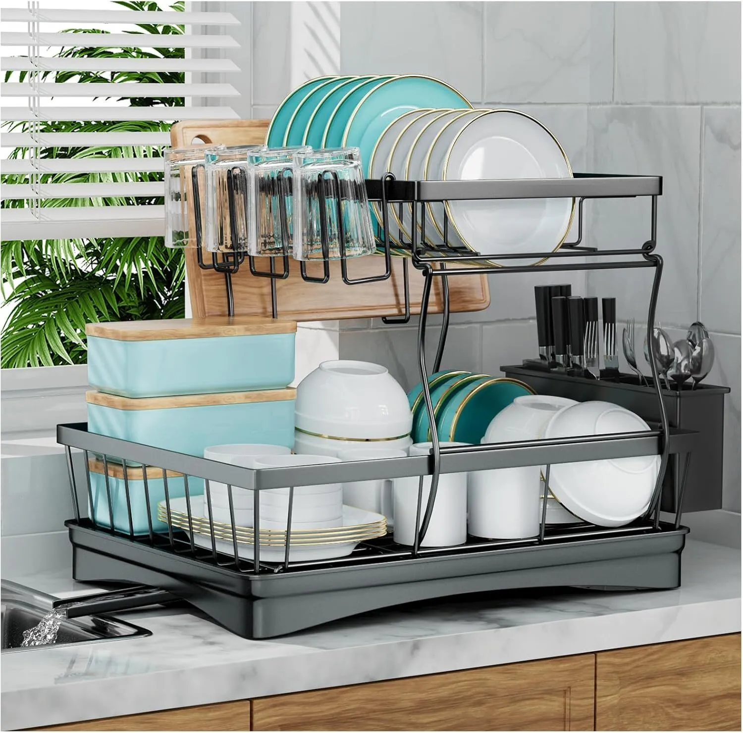 Detachable Large Capacity Dish Drainer Organizer, 2-Tier Dish Racks with Utensil Holder, Black 1
