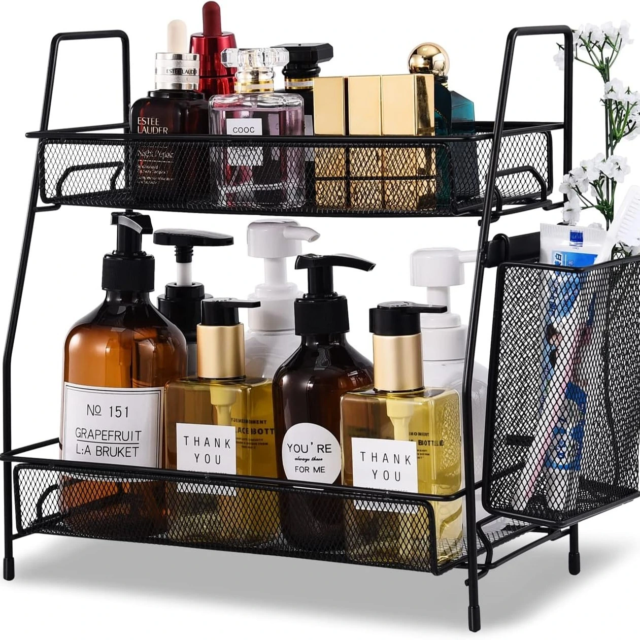 Органайзер для спальни, подставка для специй на кухонную полку с небольшой корзинкой (черный) 1