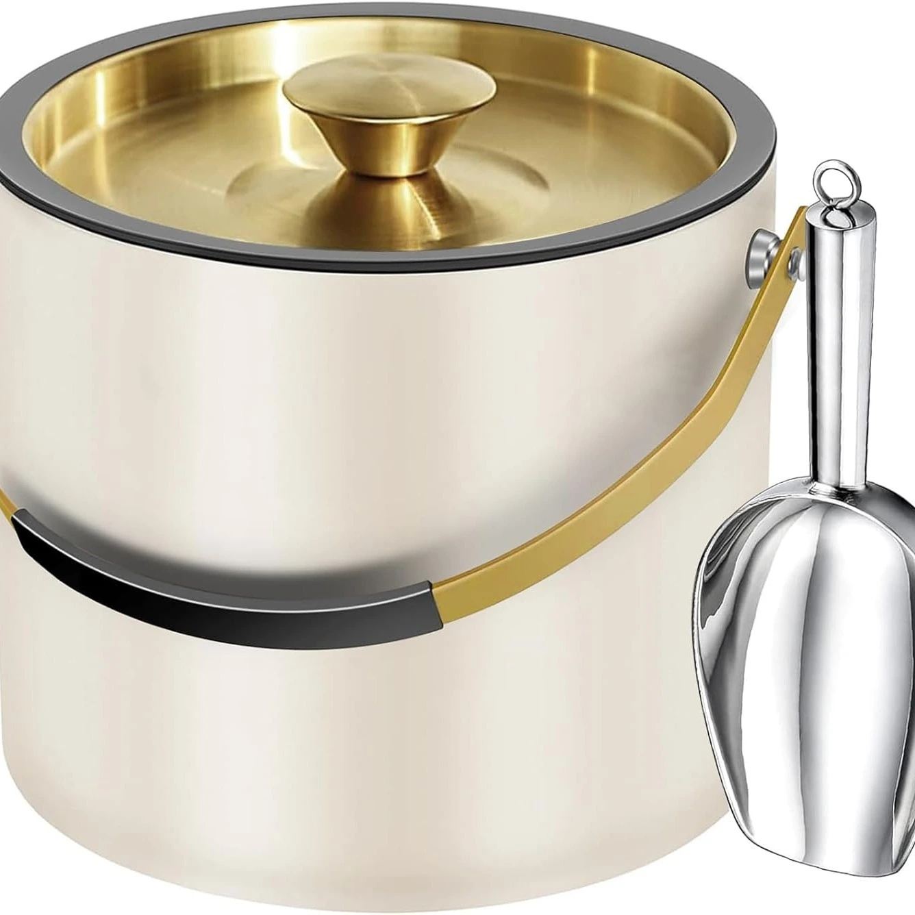 3.2L Modern Insulated Ice Bucket with Silicone Lid, Scoop, Strainer, Double Wall Stainless Steel Ice Bucket for Parties & Cocktail Bar,Ideal for Gift(Pearl White) 1