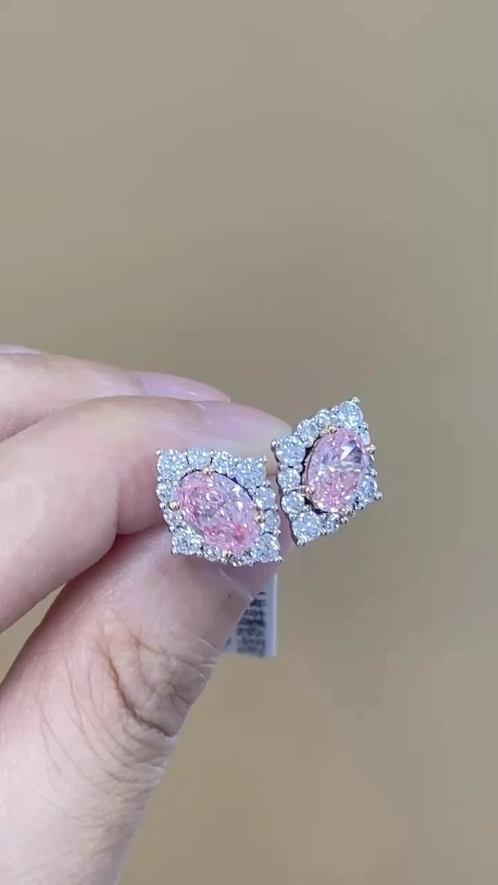 18K White and Red Lab Grown Diamond Oval Shape Earrings With Special Design 1