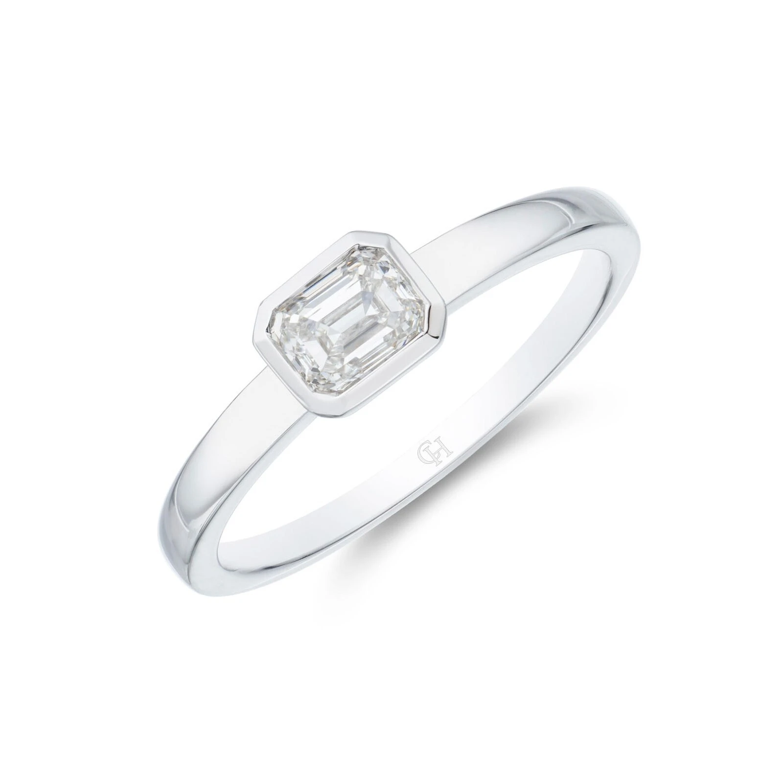 18ct White Gold Lab Grown Excellent Brilliant VVS1 Clarity Emerald Cut Rub Over Solitaire Diamond Ring 1