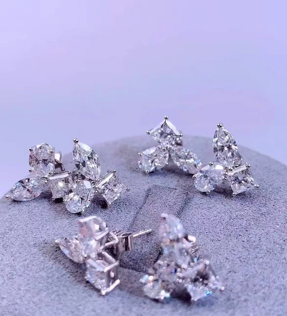 18K gold oval and princess square, marquise cut laboratory diamond stud earrings 1