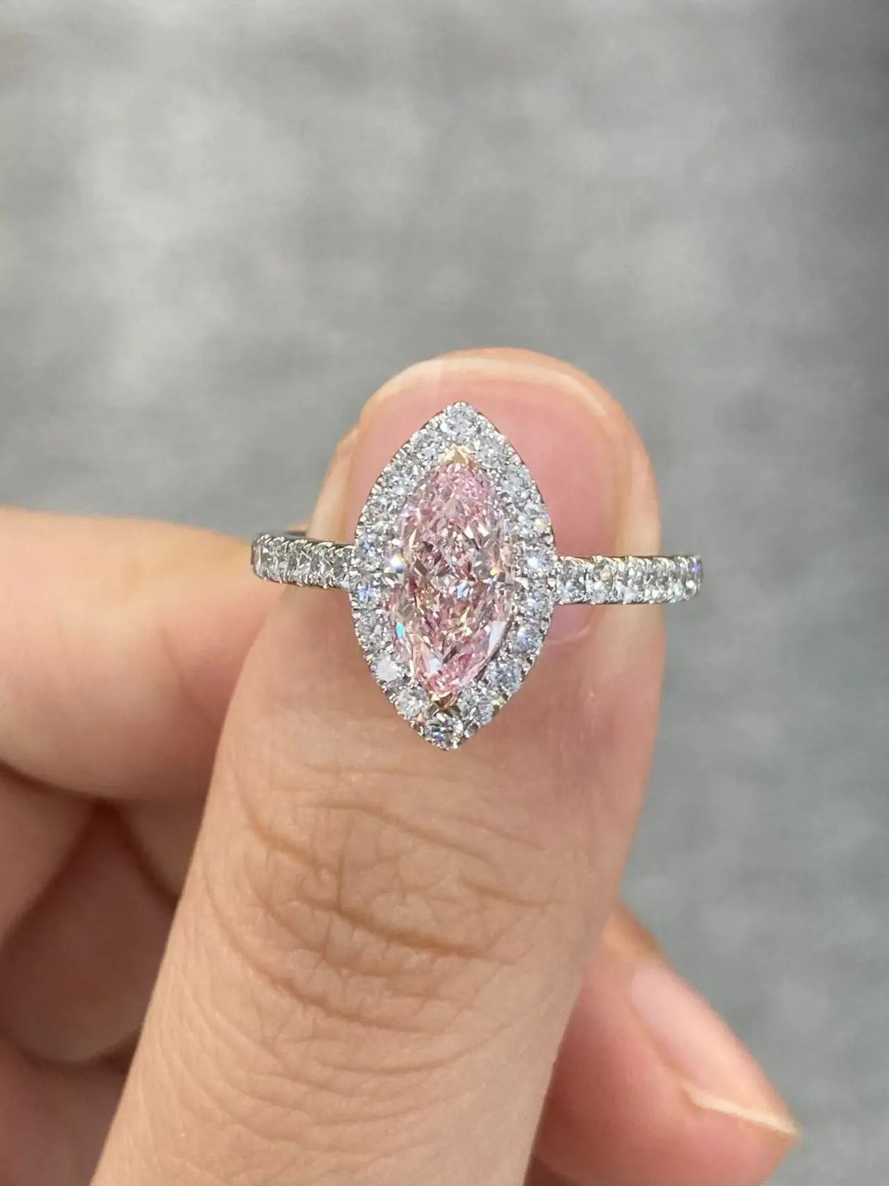 18K White Gold Brilliant VS1 Clarity Lab Grown Marquise Cut Pink Diamond Ring 1.19ct 1