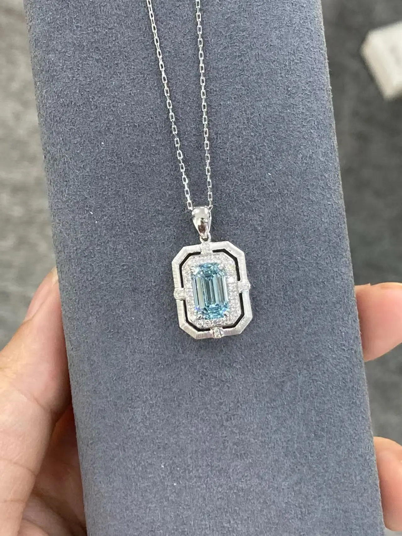 18K White Gold High Clarity Brilliant Lab Grown Emerald Cut Blue Diamond Pendant 1