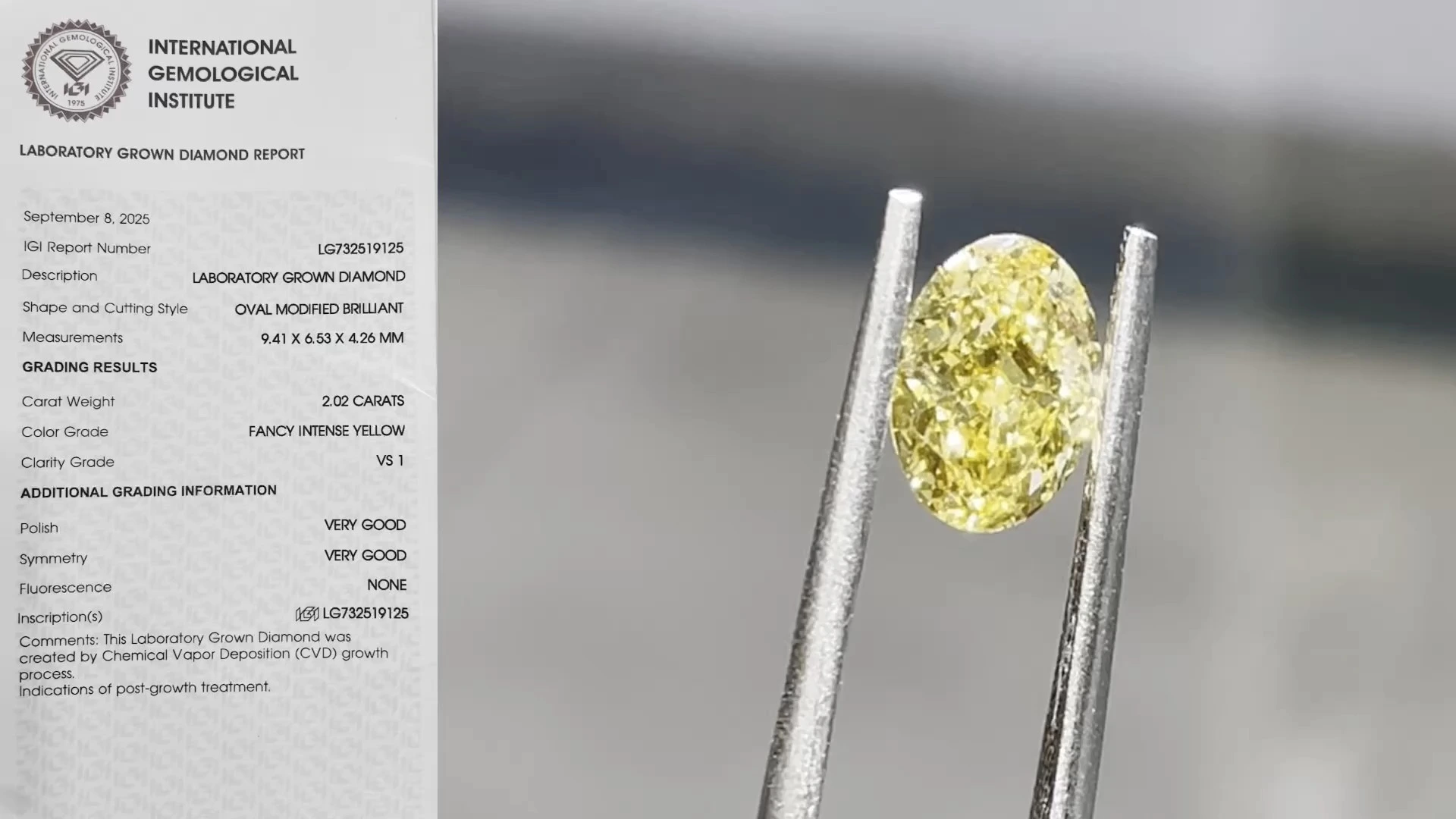 Diamante amarillo intenso de 2,02 ct cultivado en laboratorio con certificado CVD IGI 1